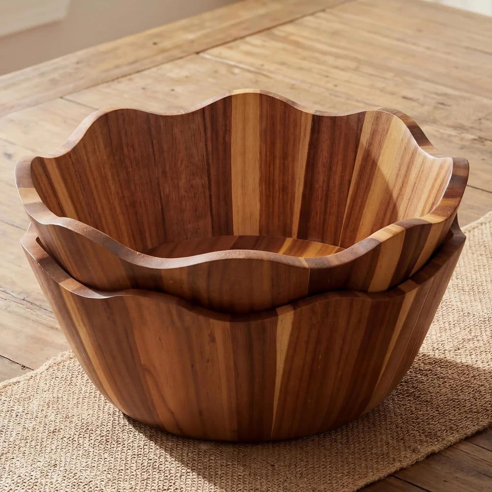 Scalloped Acacia Wood Serving Bowls
